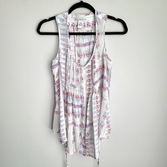 American Rag Sheer Floral Sleeveless Pleated Detail Boho Bottom Down Shirt Top - Picture 2 of 9